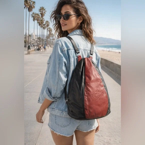 Anita Jackel Natural Leather Sling Turtle Backpack Red Black Canadian Made - Picture 2 of 11